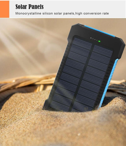 image of a solar power bank with dual usb jacks that comes in red, orange, yellow, green, blue, black, or white.
